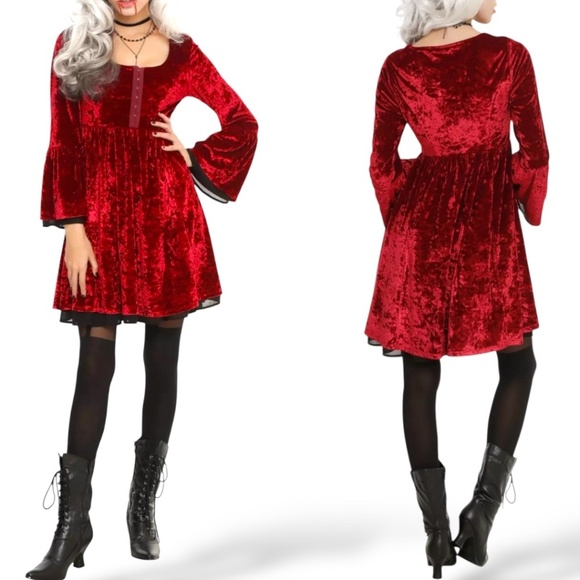 HOT TOPIC Poly Red Velvet Black Chiffon Trim Hook & Eye Close Dress Bell Sleeves - Picture 1 of 9